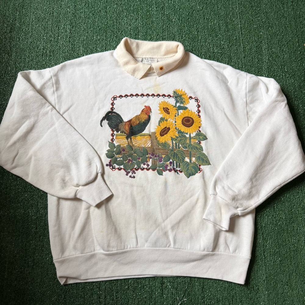 Vintage 80s or 90s Rooster Sunflower Farm Collared Crewneck Sweatshirt L